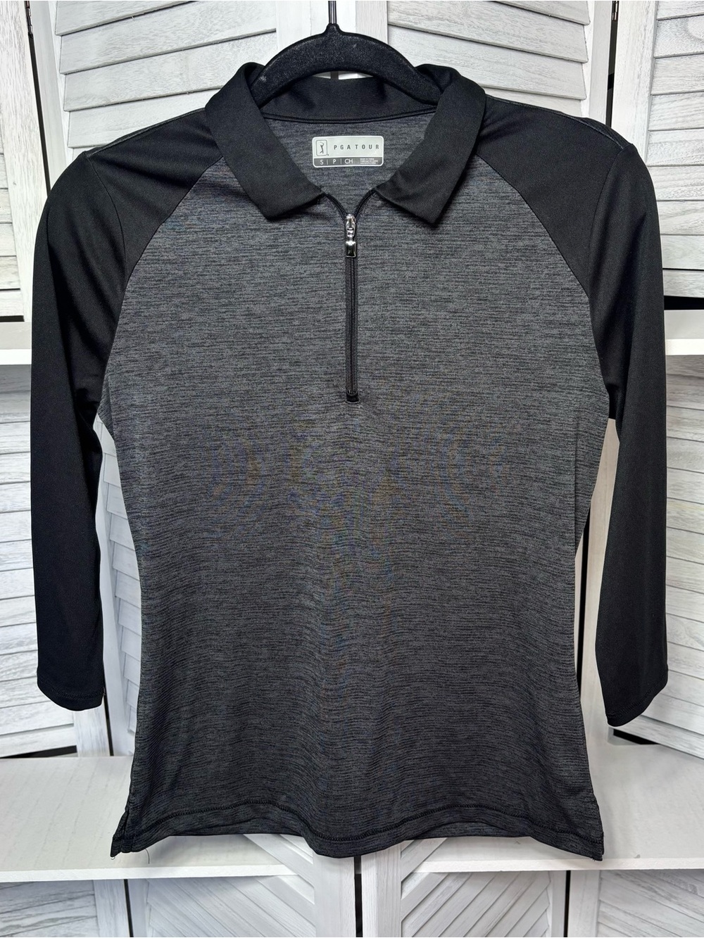 PGA TOUR Women’s Small 3/4 Sleeve Quarter Zip Golf Polo Top Black Gray